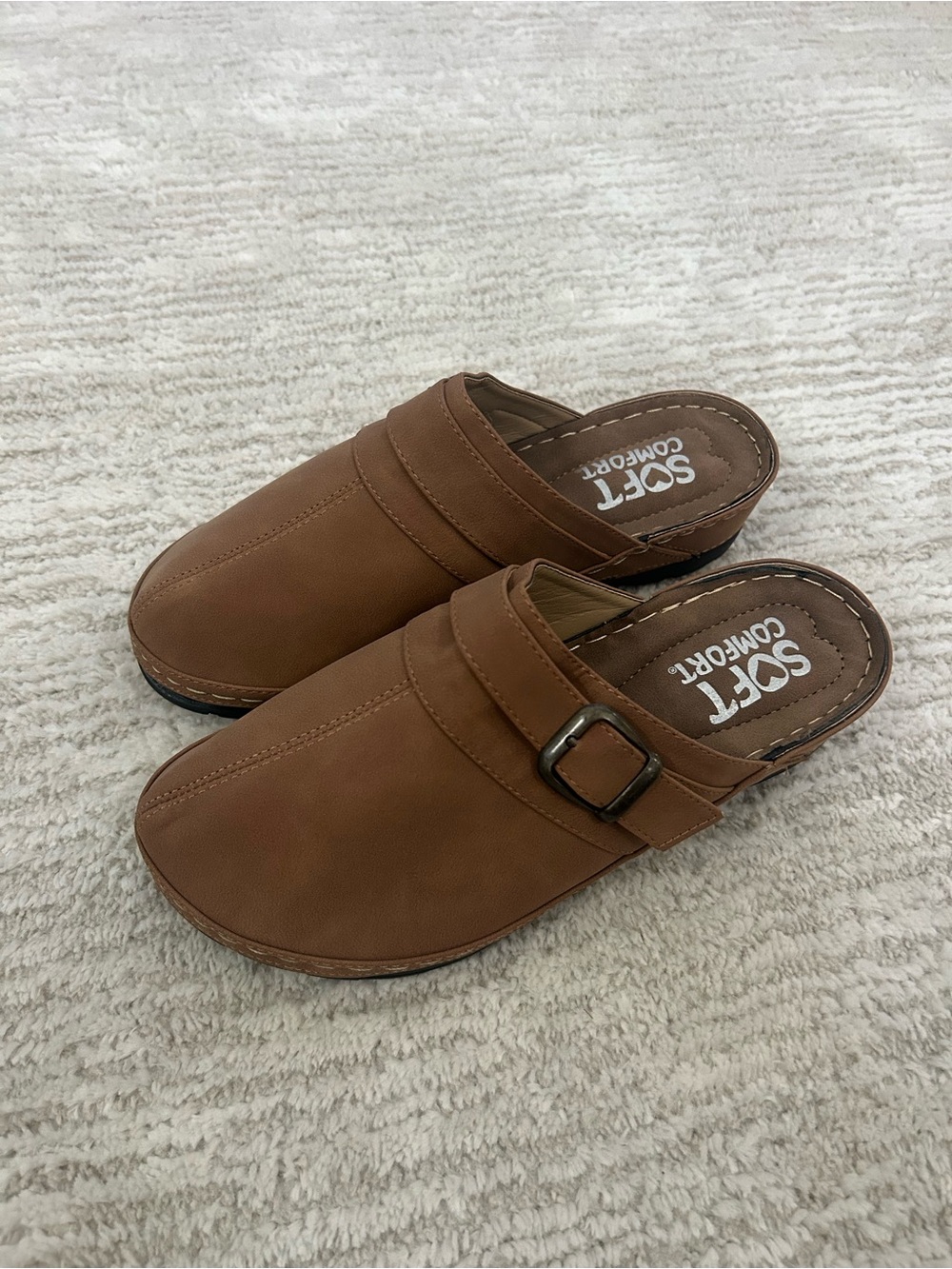 Women's Tan Slip-On Clog with Buckle Accent